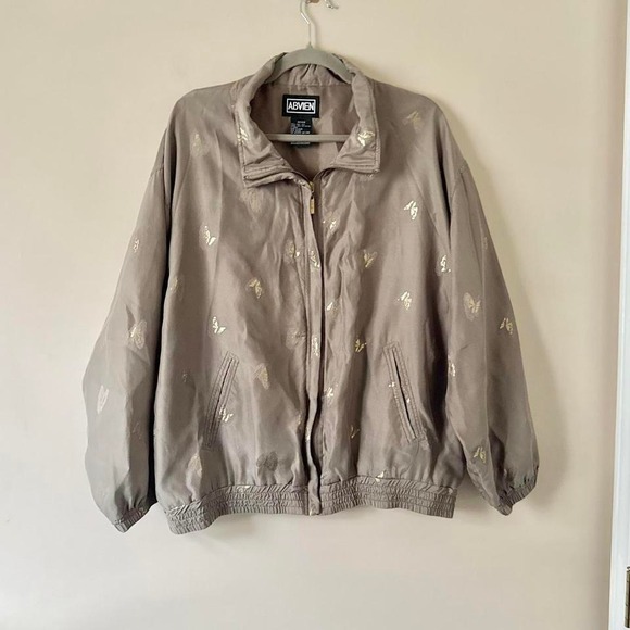 100% Silk Sage Green Gold Butterfly Bomber Jacket Lightweight Vintage